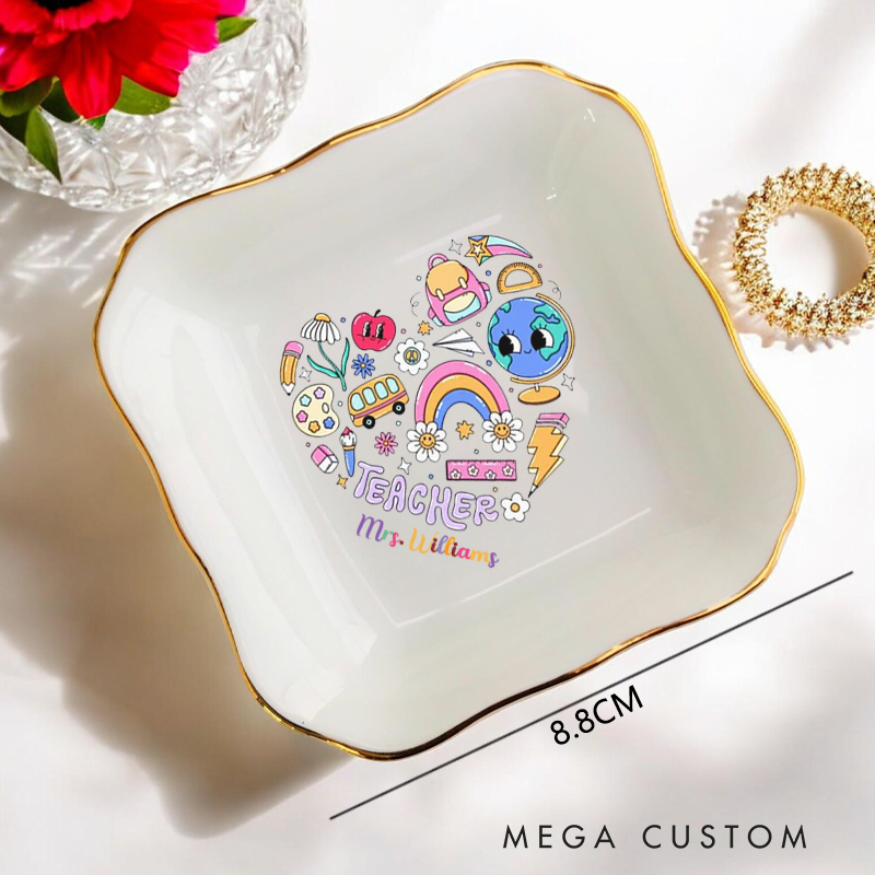 Personalized Jewelry Dish for Teacher School Related Elements Arranged in a Heart shape Irregular Square Ceramic Ring Dish Teacher Appreciation Gift