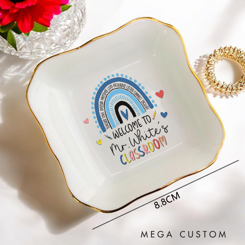 Personalized Jewelry Dish for Teacher Colorful Hand Drawn Rainbow Irregular Square Ceramic Ring Dish Teacher Appreciation Gift