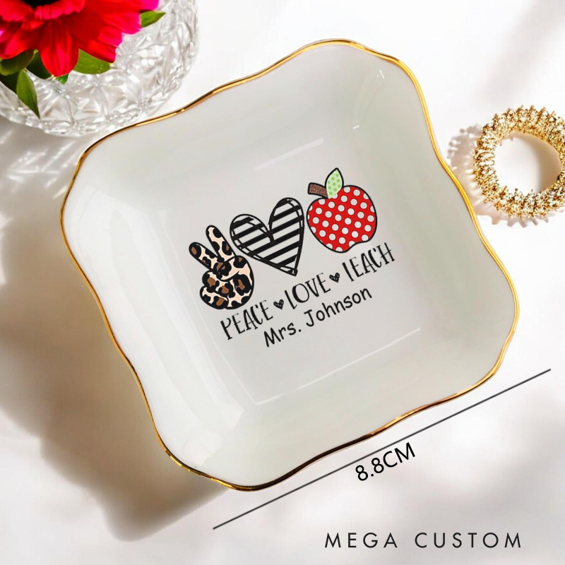Personalized Jewelry Dish for Teacher Peace Love Teach Irregular Square Ceramic Ring Dish Teacher Appreciation Gift