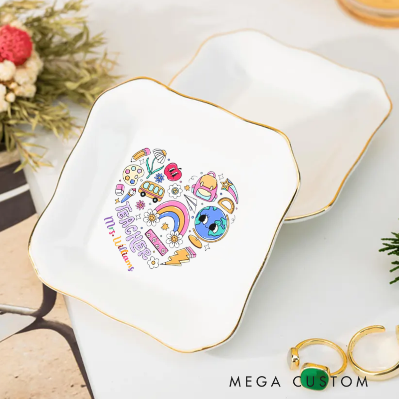 Personalized Jewelry Dish for Teacher School Related Elements Arranged in a Heart shape Irregular Square Ceramic Ring Dish Teacher Appreciation Gift