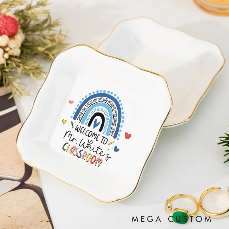 Personalized Jewelry Dish for Teacher Colorful Hand Drawn Rainbow Irregular Square Ceramic Ring Dish Teacher Appreciation Gift