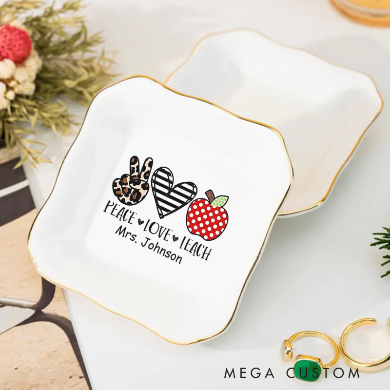 Personalized Jewelry Dish for Teacher Peace Love Teach Irregular Square Ceramic Ring Dish Teacher Appreciation Gift