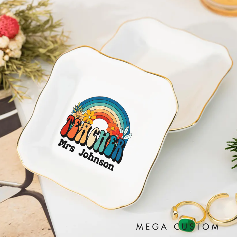 Personalized Jewelry Dish for Teacher Retro Style Rainbow Design Irregular Square Ceramic Ring Dish Teacher Appreciation Gift