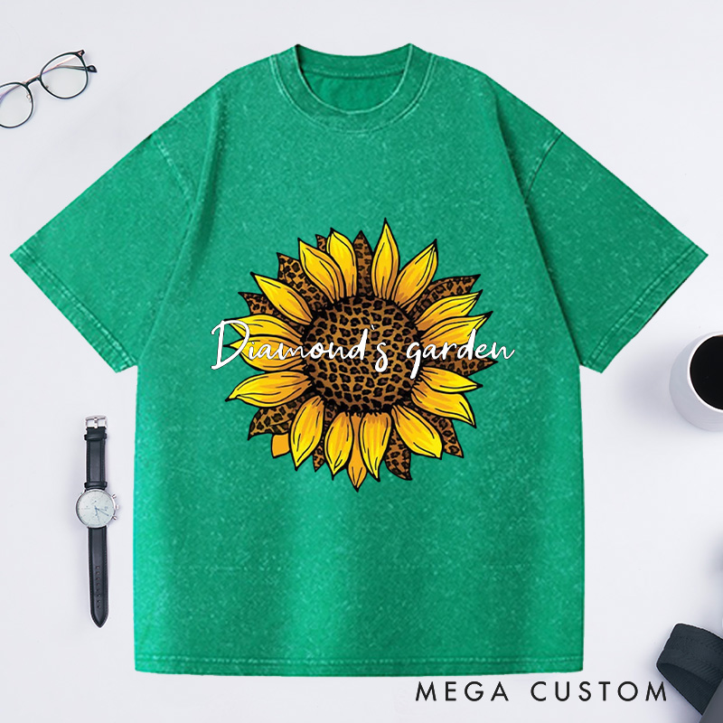 Personalized Leopard Sunflower Washed T-Shirts Sunflower Shirt Leopard And Floral Shirt Flower Shirt Botanical Print Shirt