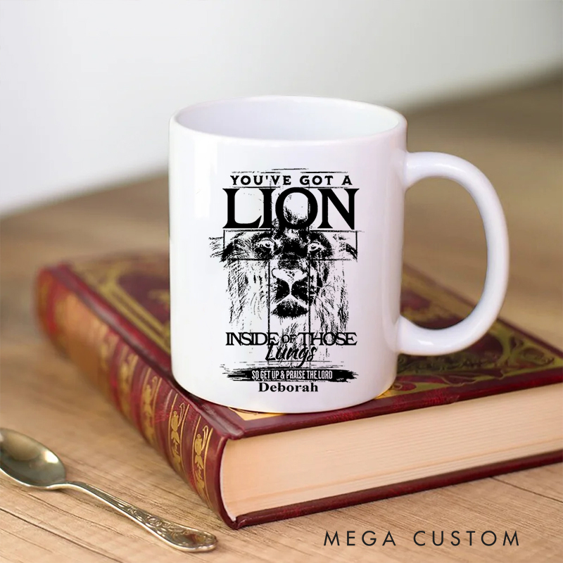 Personalized Lion Imagery Ceramic Mug with Name Birthday Religious Inspirational Gift for Christian Best Gift for Jesus Lover 