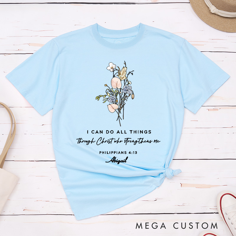 Personalized I Can Do All Things Classic Cotton T-Shirt with Name Bible Verse Blessed Shirt Religious Easter Gift Birthday Gift for Girls