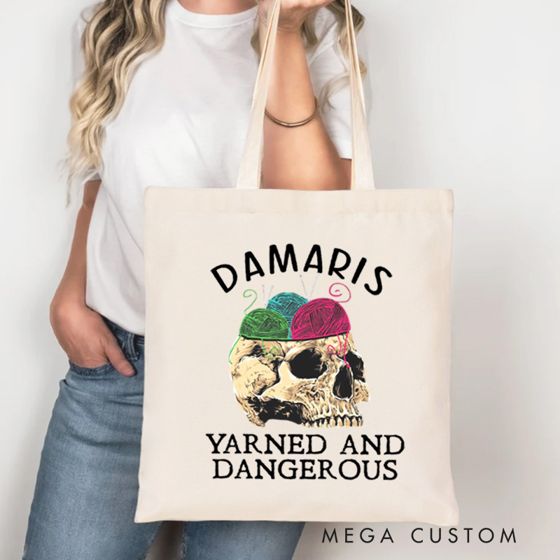 Personalized Yarned and Dangerous Tote Bag Skeleton Bag with Name Canvas Yarning Bag for Knitting Lover Gift Crocheting Lover Gift