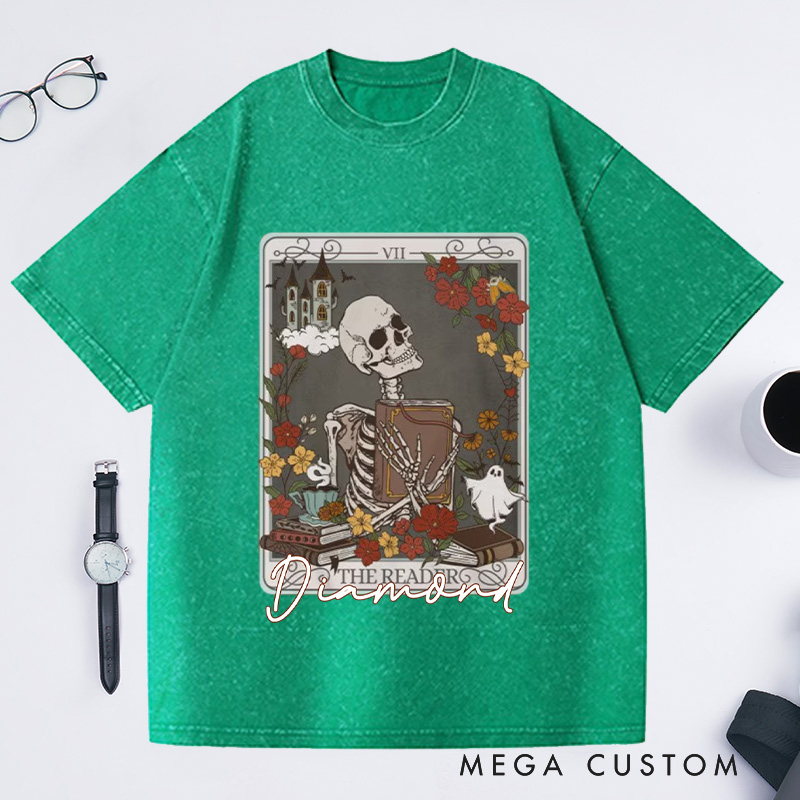 Personalized the Reader Tarot Card Crewneck Washed T-Shirts Skeleton Shirt Book Lover Shirt Bookish Shirt Librarian Shirt Reading Shirt