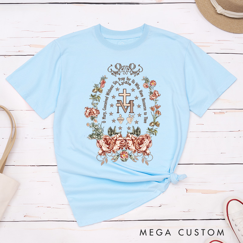 Personalized Virgin Mary Classic T-Shirt with Floral Wreath Cotton Shirt Catholic Gift Easter Christmas Gift for Women 