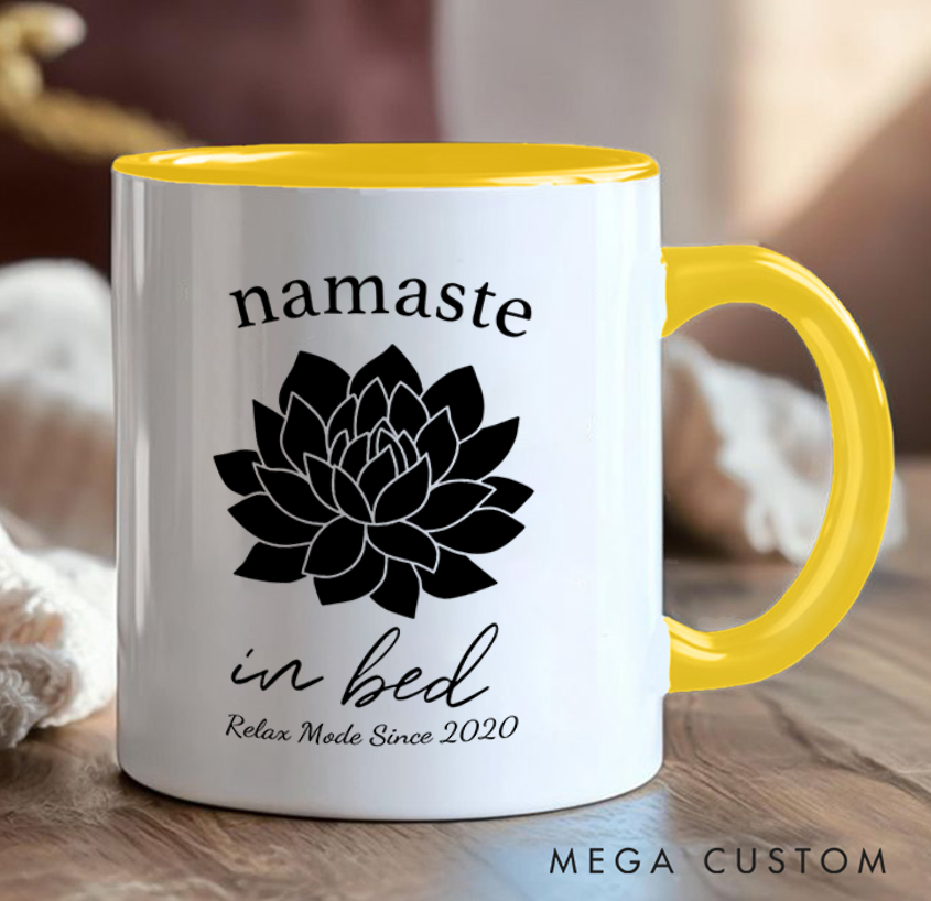 Personalized Namaste in Bed Mug with Elegant Lotus Design Custom Name Perfect Gift for Yoga Lover