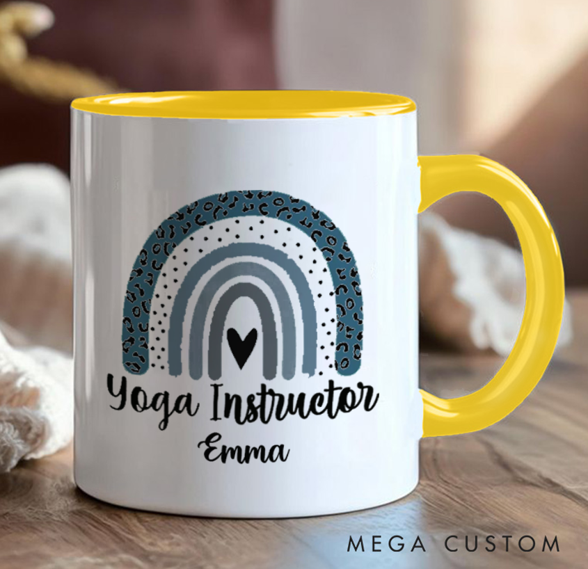 Personalized Yoga Instructor Mug with Hand-Drawn Rainbow Design Custom Name Perfect Gift for Yoga Lover