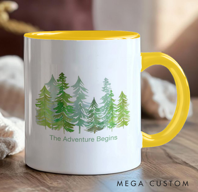 Personalized the Adventure Begins Mug Forest Camping Rustic Mountain Mug Gift for Travel Hiking Outdoors Lovers