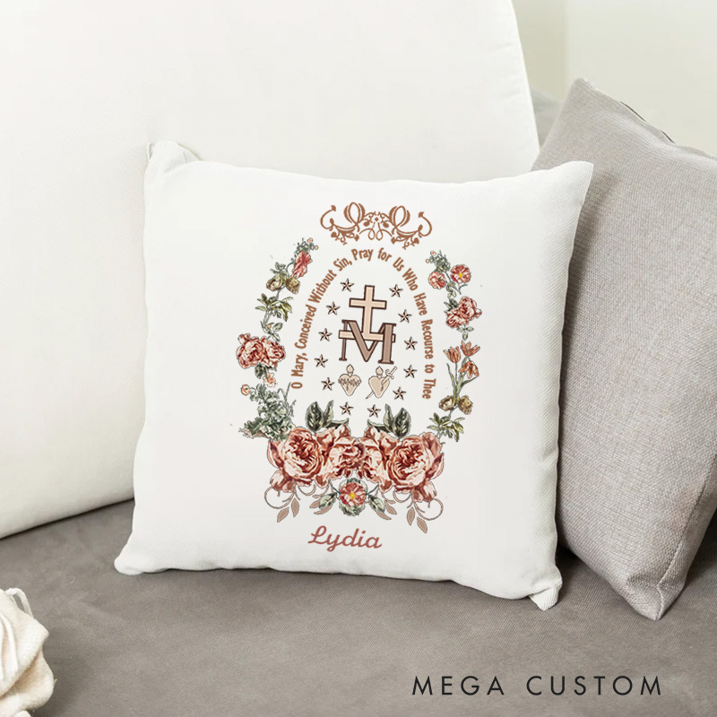 Personalized Virgin Mary Floral Wreath Throw Pillow with Custom Name Christian Home Decor Birthday Catholic Gift for Women and Girls