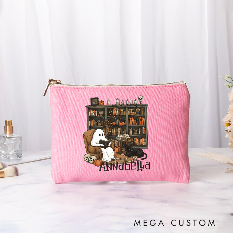 Personalized Retro Ghost Reading Books Cosmetic & Toiletry Storage Book Lover Cosmetic Bag Makeup Bag with Name Halloween Gift Librarian Gift Reading Gift