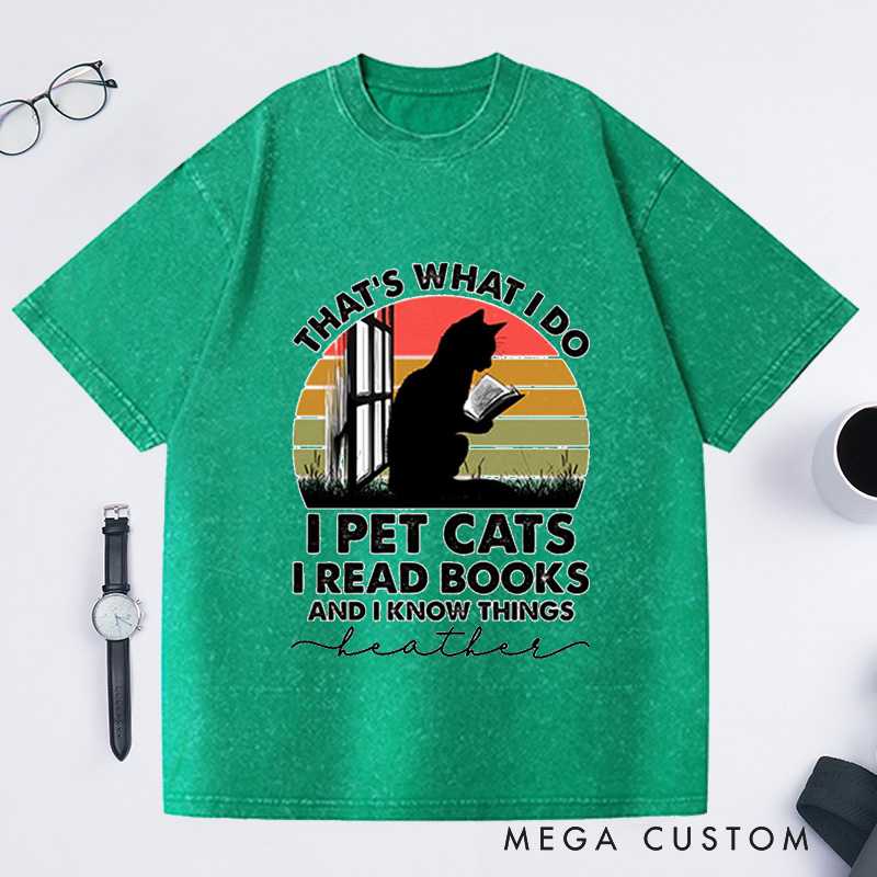 Personalized Cat and Book Washed T-Shirts Book Lover Shirt Cat Book Shirt Cat Lover Shirt Reading Shirts Bookworm Gifts