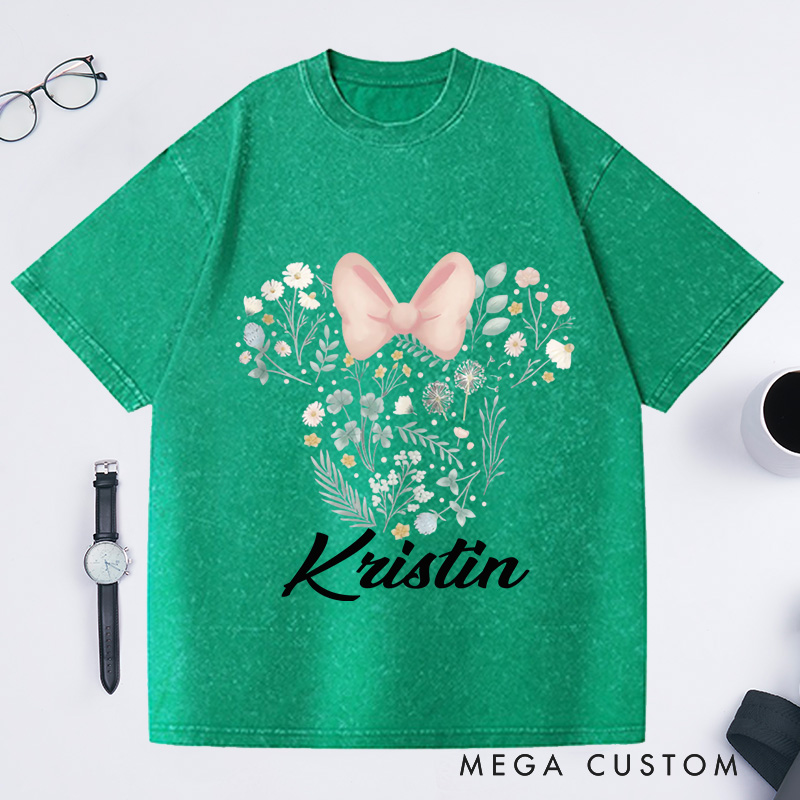 Personalized Floral Mouse Head Washed T-Shirts Nature Lover Gifts for Gardening Enthusiasts
