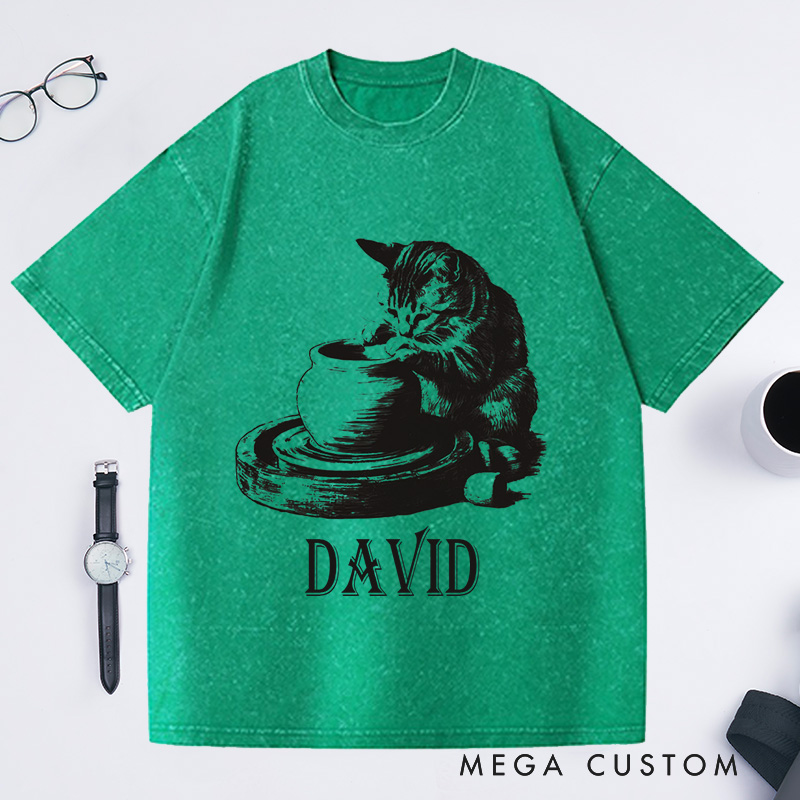 Personalized Cat Pottery Washed T-Shirts Pottery Lover T-Shirt Funny Cat Woman Shirt Weird Animals Shirts Vintage 90s Tattoo Graphic Tee