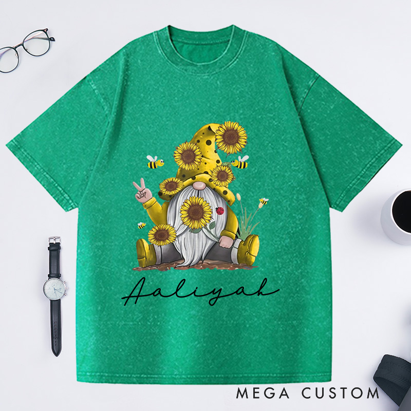 Personalized Sunflower Gnome Washed T-Shirts Bee Gnome Shirt Gnome Peace Sign Shirt Funny Gnome Shirt Spring Gnome Tee Cute Bee Gnome Shirt