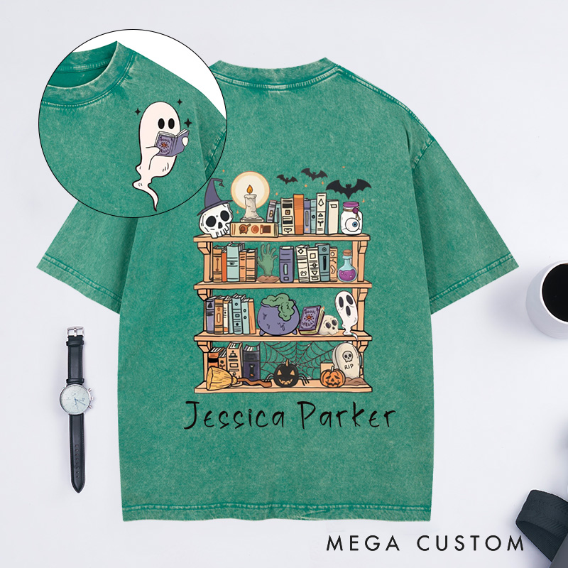 Personalized Ghost Book Reader Washed T-Shirts Halloween Library Shirt Halloween Reading Tee Book Lover Gift Skeleton Book Club Reading Shirts