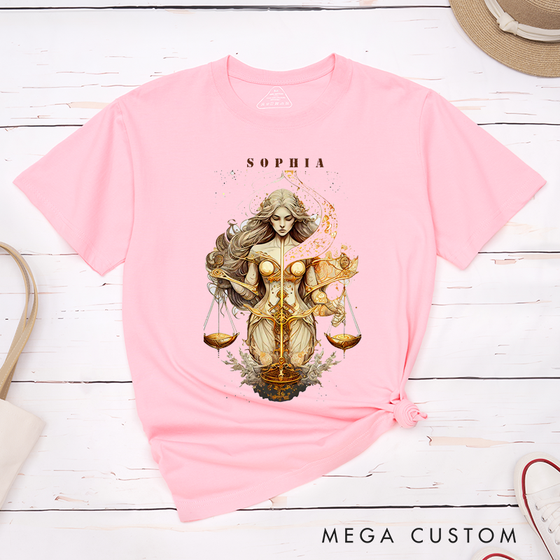 Personalized Libra Zodiac Sign T-Shirt Classic Unisex Design Custom Name Astrology Gift Unique Birthday Present for Men and Women Family and Friends