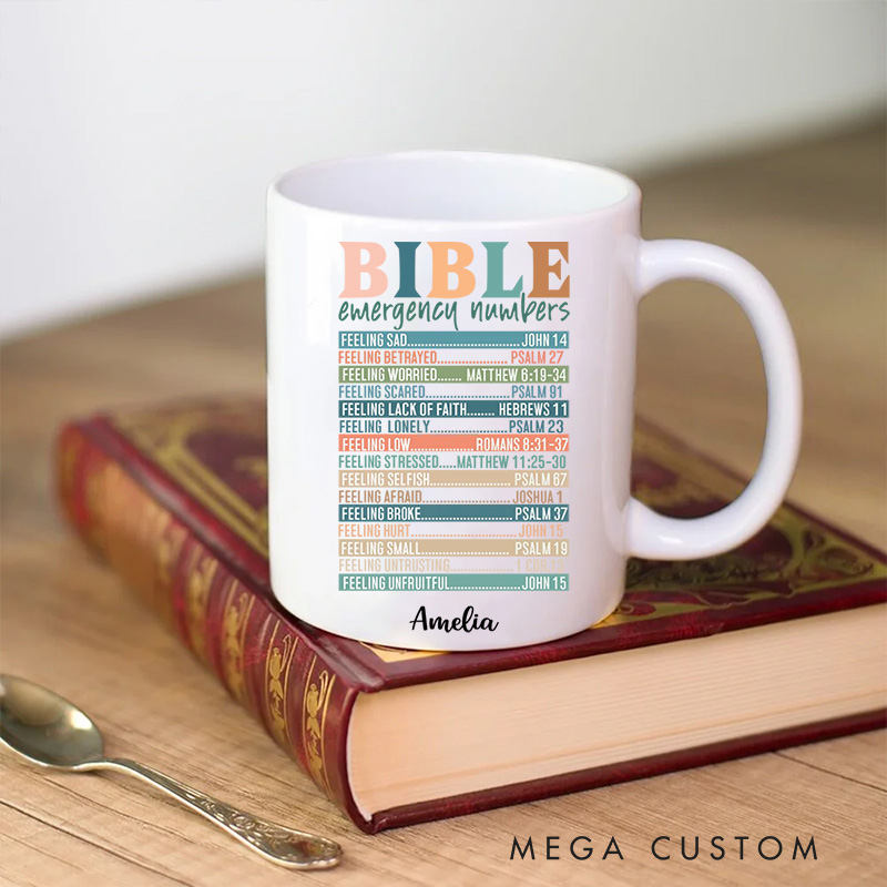 Personalized Multicolor Bible Emergency Numbers Ceramic Mug with Name Religious Gift Birthday Gift for Girls