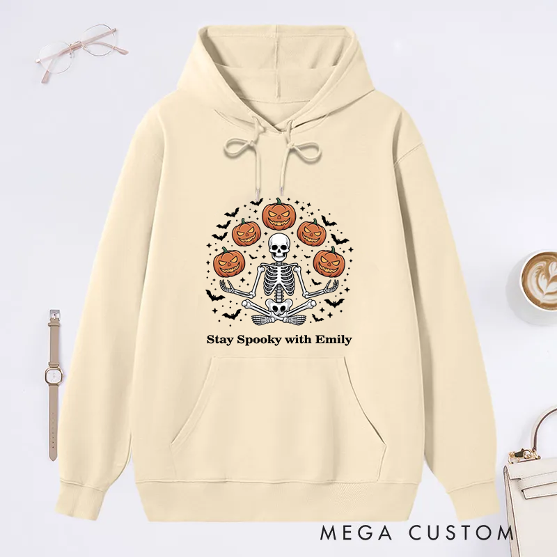 Personalized Halloween Classic Hoodie with Spooky Skeleton and Pumpkin Design Custom Name Gift Idea for Yoga Lover