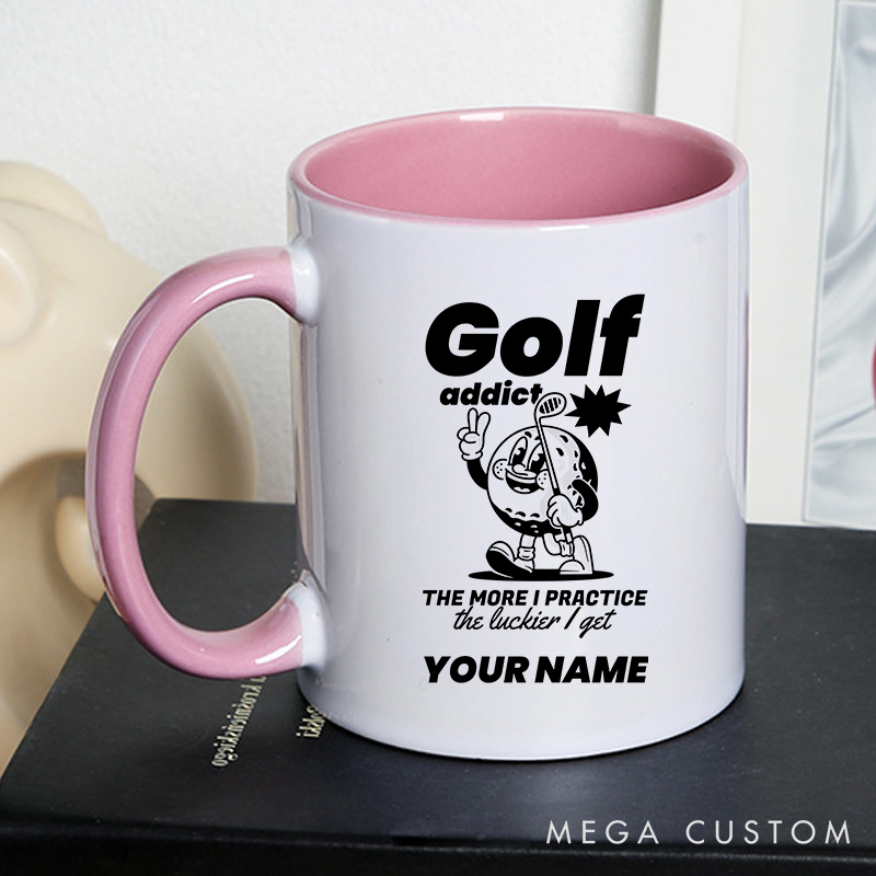 Personalized Golf Mug with Custom Name Golf Addict Design The More I Practice The Luckier I Get Durable Ceramic Two Tone Handle