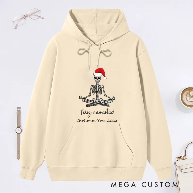 Personalized Christmas Classic Hoodie Skeleton Yoga Design with Santa Hat Custom Time Gift Idea for Yoga Lover