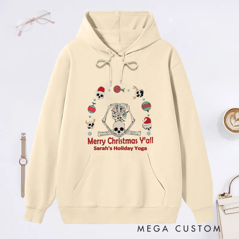 Personalized Christmas Classic Hoodie with Meditating Skeleton Design Custom Name Gift Idea for Yoga Lover