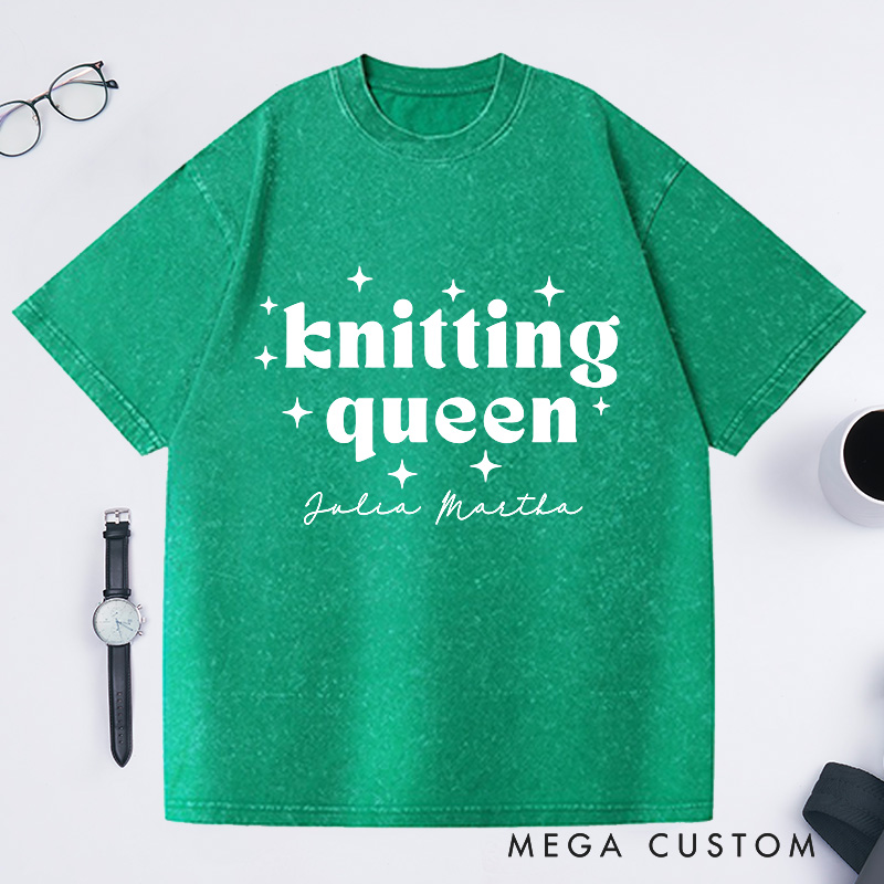 Personalized Knitting Queen Washed T-Shirts Knitter Shirt Colorful Sewing T-Shirt Womens Crochet T-Shirt Comfy Top Bright Words Tee Unique Font Shirt