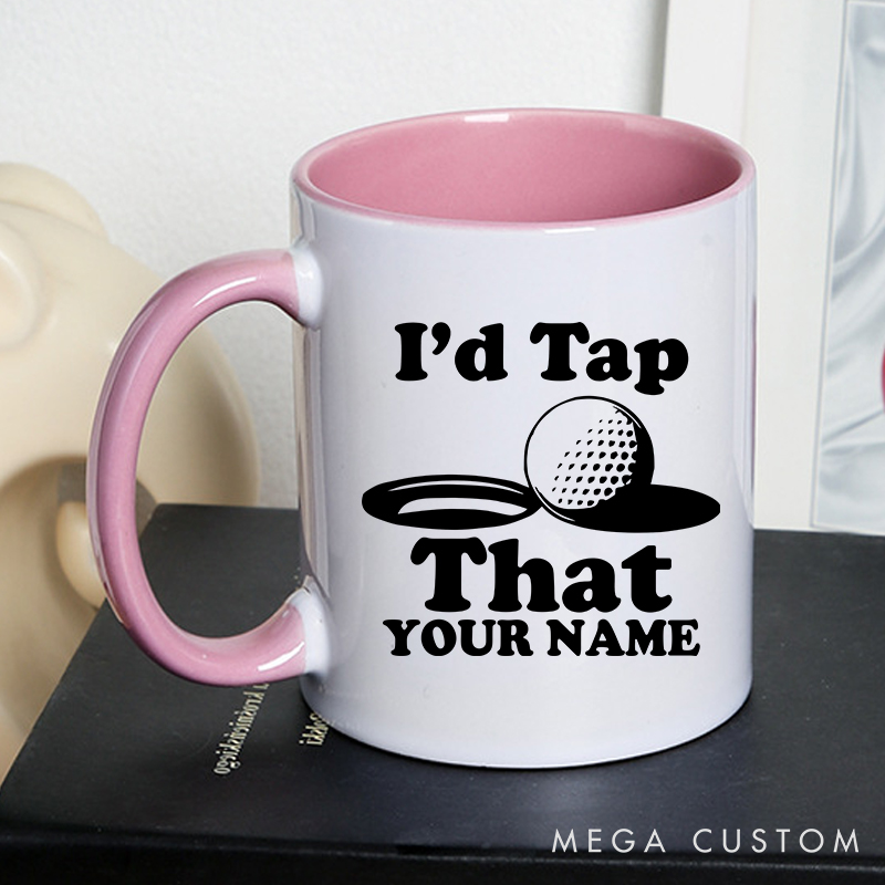 Personalized golf mug with custom name and funny "I'd Tap That" design durable ceramic perfect for golf lovers and special occasions