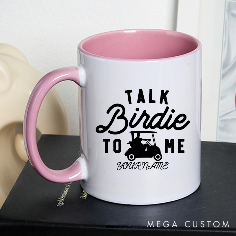 Personalized Golf Mug with Custom Name "Talk Birdie to Me" Fun Golf Cart Design Perfect Gift for Golf Lovers