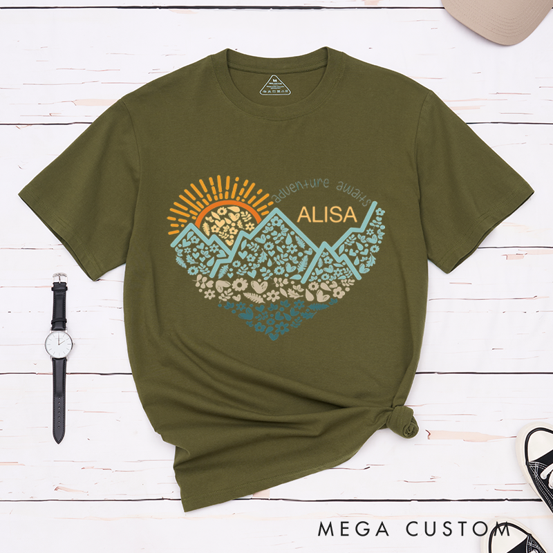 Personalized Adventure Awaits T-Shirt Wanderlust Explore  Nature Tee Shirt Outdoors Camp Gift