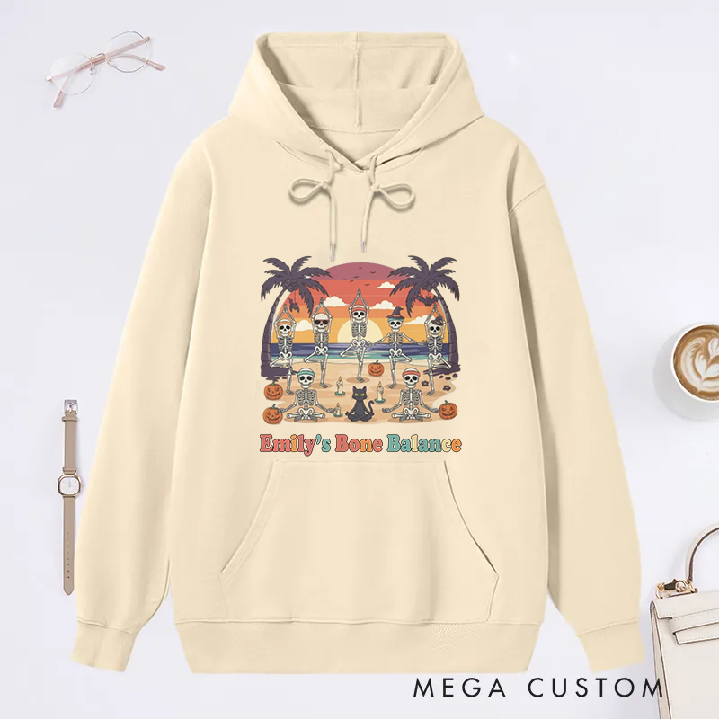 Personalized Funny Halloween Beach Theme Classic Hoodie with Bone Balance and Skeleton Yoga Design Custom Name Gift Idea for Yoga Lover