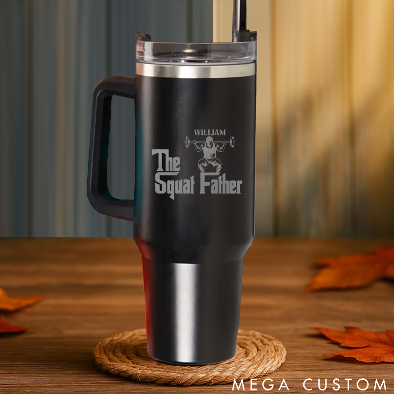 Personalized Handle Tumbler with Logo Featuring Squat and Barbell Artwork for Gym Lover Fitness Durable Hot or Cold Drinks