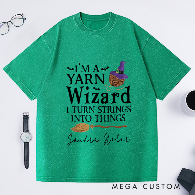 Personalized I'm a Yarn Wizard Washed T-Shirts Knit T-Shirt Knitting Gift Knitter Gifts Custom Tee