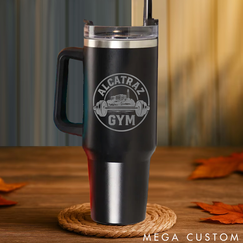 Personalized Handle Tumbler with Barbell and Prison Island Illustration for Gym Lover Fitness Durable Hot or Cold Drinks