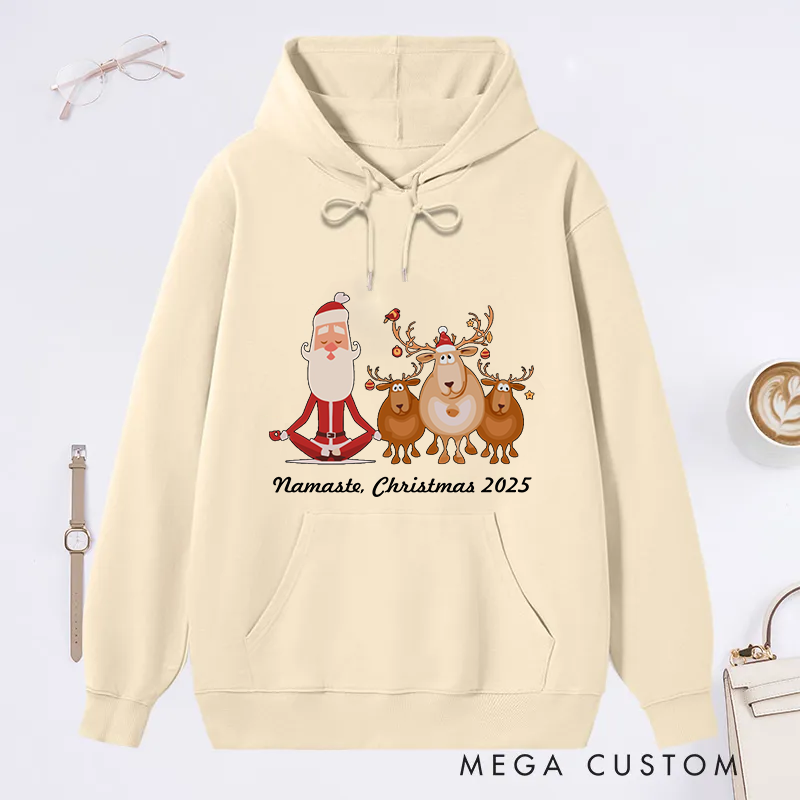 Personalized Christmas Classic Hoodie with Funny Santa and Yoga Reindeer Theme Custom Time Gift Idea for Yoga Lover