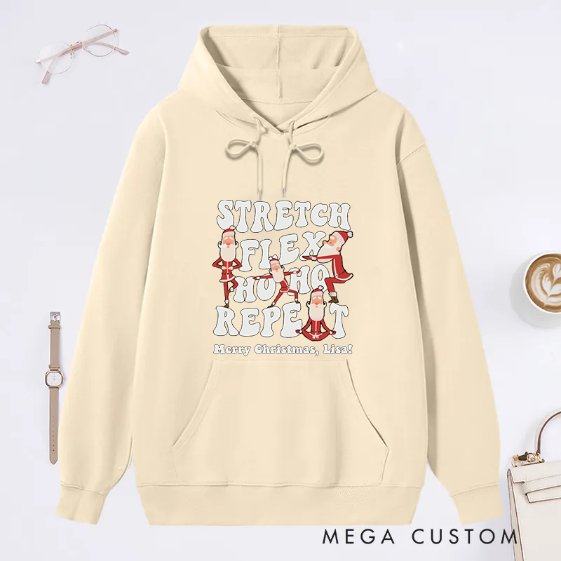 Personalized Christmas Classic Hoodie with Stretch, Flex, Ho Ho Ho Design Custom Name Gift Idea for Yoga Lover