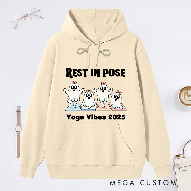 Personalized Rest in Pose Classic Hoodie with Cute Ghost Yoga Design Custom Time Gift Idea for Yoga Lover