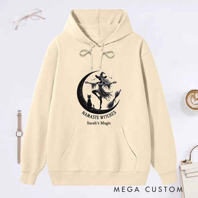 Personalized Namaste Witches Classic Hoodie with Elegant Witch and Moon Design Custom Name Gift Idea for Yoga Lover