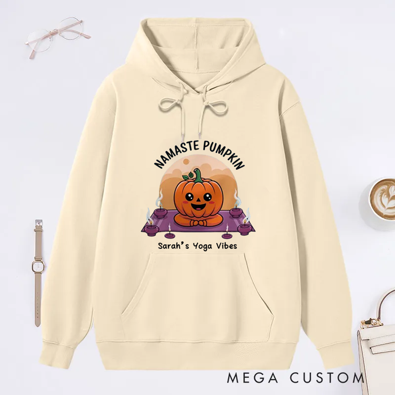 Personalized Namaste Classic Hoodie with Cute Yoga Pumpkin Design Custom Name Gift Idea for Yoga Lover