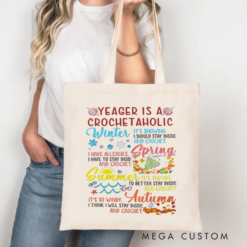 Personalized Seasonal Crochetaholic Tote Bag Custom Canvas Bag Crochet Lover Bag with Name Crocheting Lover Gift