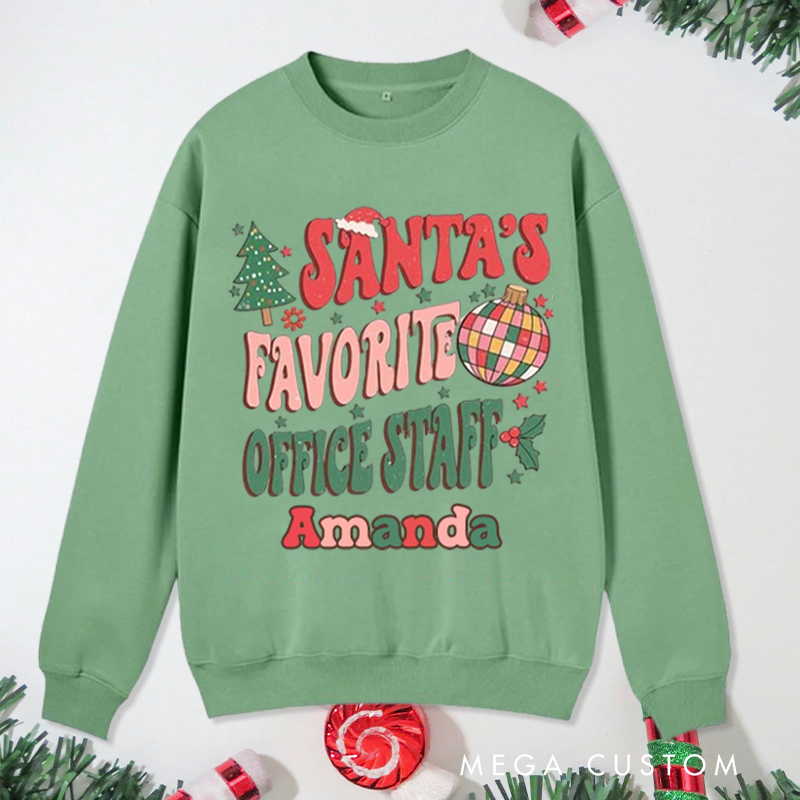 Personalized Office Worker Sweatshirt Santa's Favorite Office Staff with Christmas Trees Stars and Santa Hat Christmas Elements Gift for Coworkers