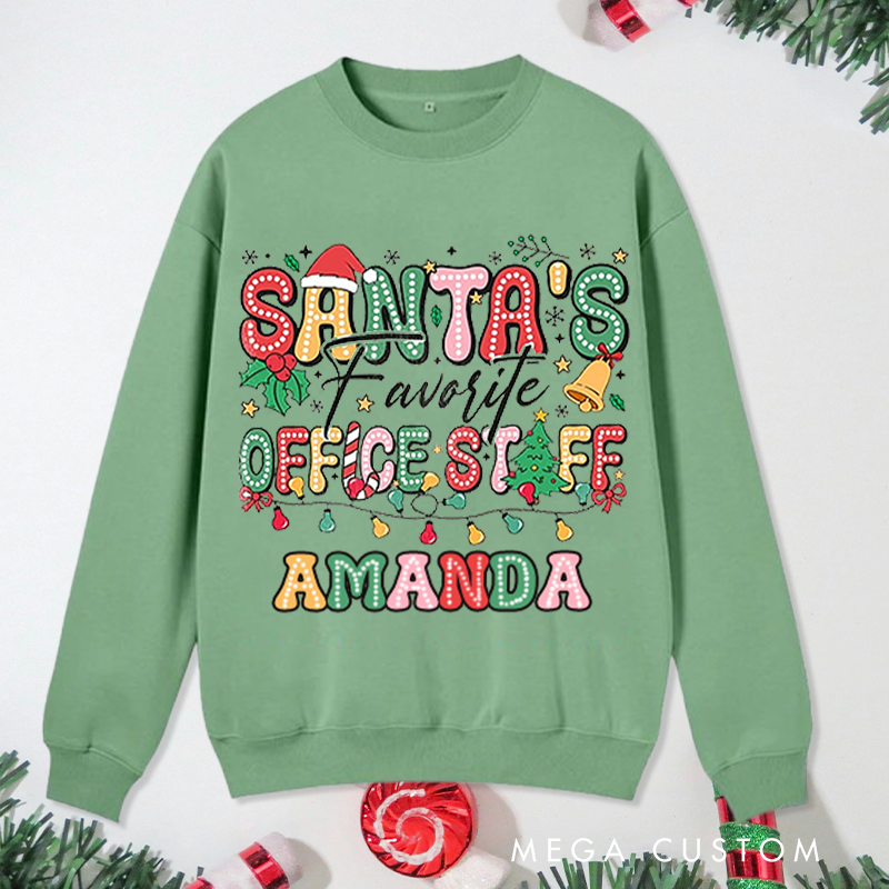 Personalized Office Worker Sweatshirt Christmas Lights Ornaments Candy Canes and a Santa Hat Christmas Elements Gift for Coworkers