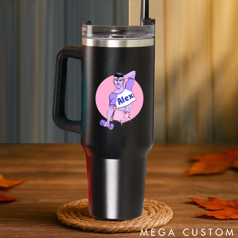 Personalized Handle Tumbler with Stylish Fitness Illustration Featuring Athletic Male for Gym Lover Fitness Durable Hot or Cold Drinks