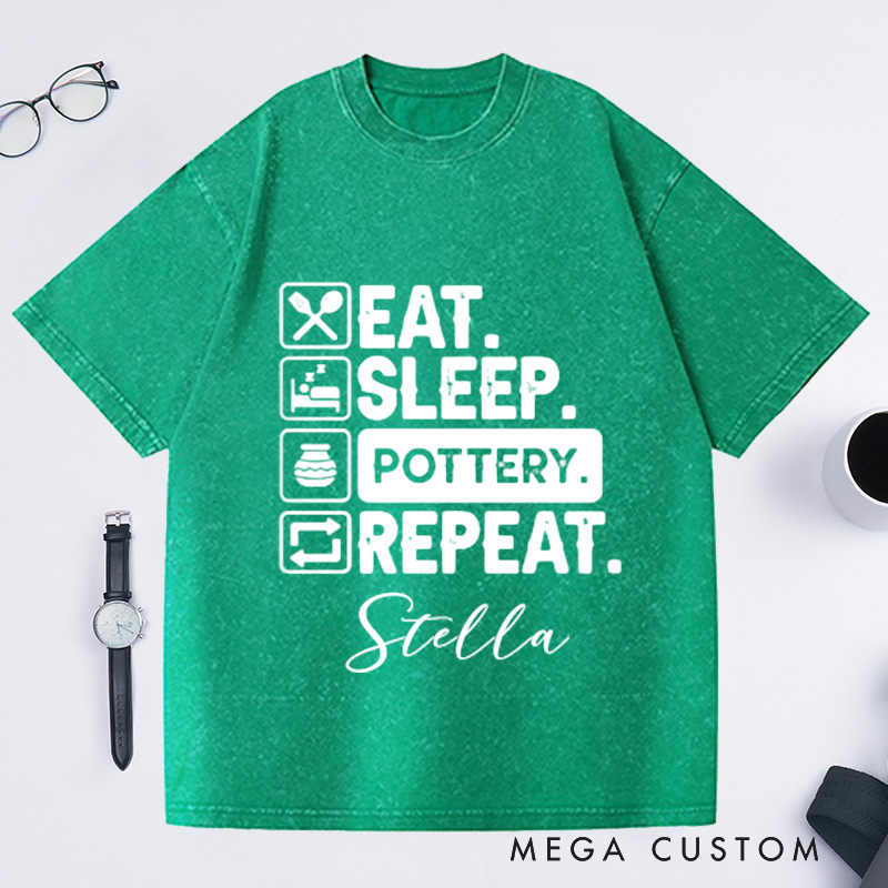 Personalized Eat Sleep Pottery Repeat Washed T-Shirts Gift for Potter Potters Shirt Clay Tshirt Custom Tee