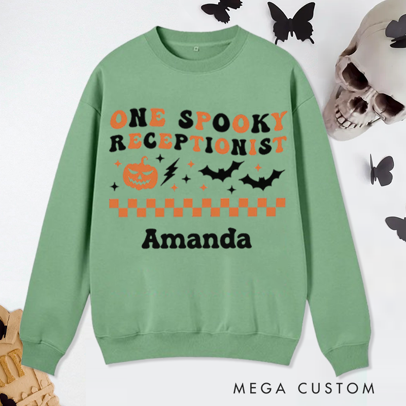 Personalized Office Worker Sweatshirt One Spooky Receptionist with Halloween Elements Appreciation Gift for Coworkers