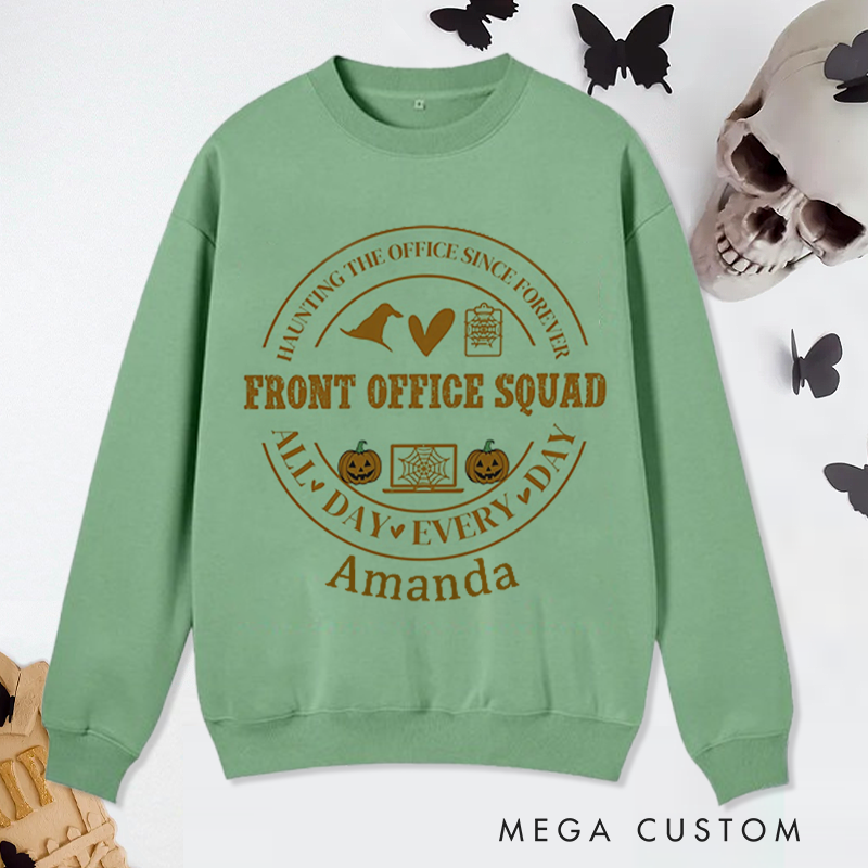Personalized Office Worker Sweatshirt Front Office Squad with Halloween Elements Appreciation Gift for Coworkers
