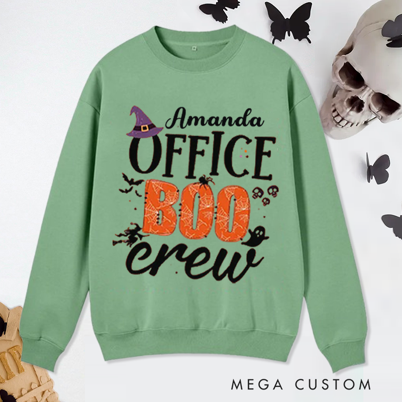 Personalized Office Worker Sweatshirt Office Boo Crew with Bats Spiderweb and Spider Halloween Elements Appreciation Gift for Coworkers